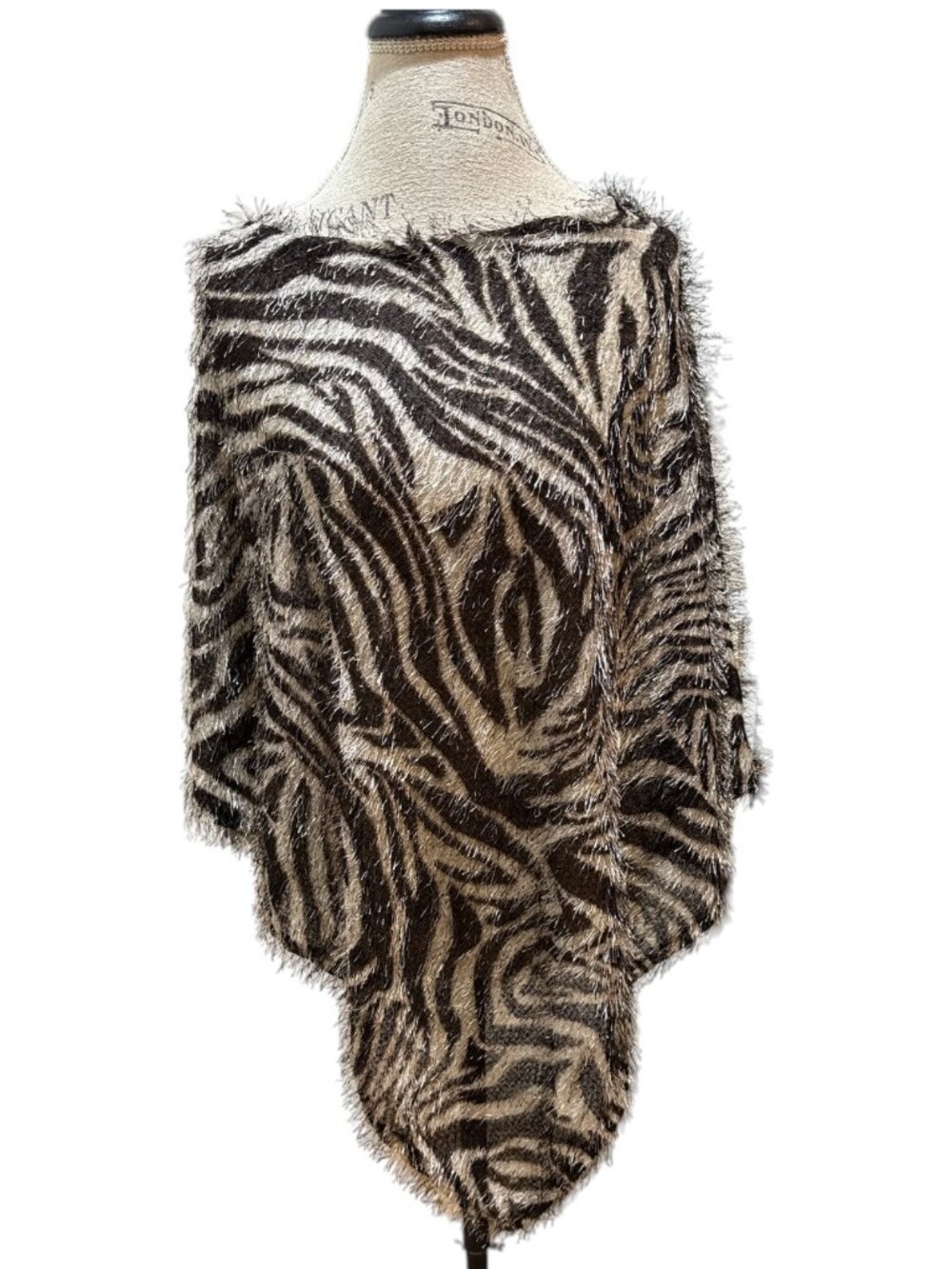 Coco+Carmen One Size Brown & Silver Zebra Print Eyelash Knit Poncho